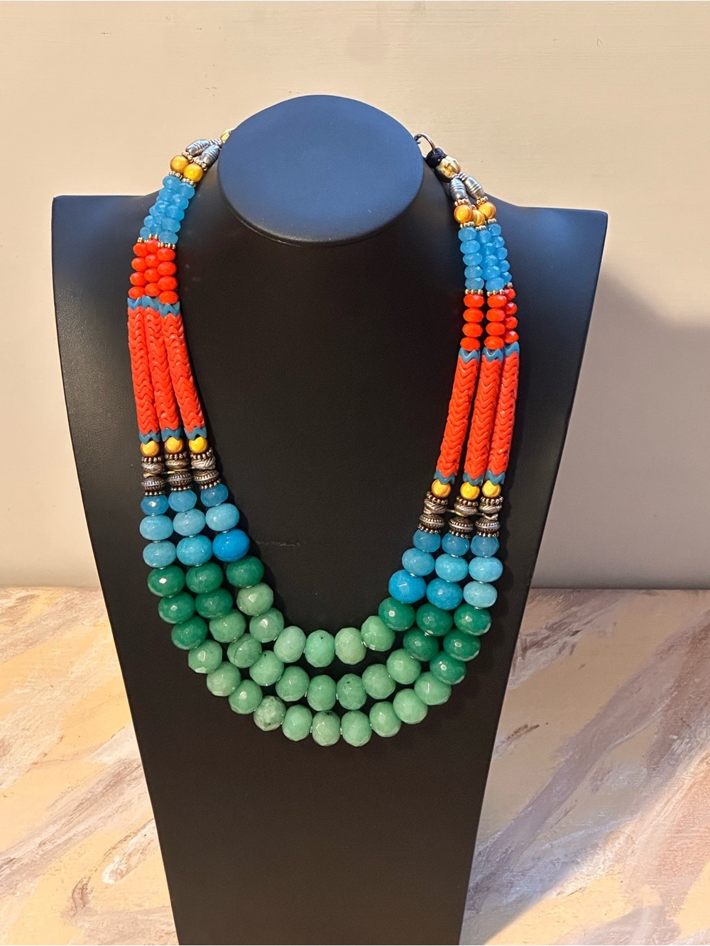 Masha Archer Carrie Bradshaw Beaded Necklace in Green, Turquoise &  Coral FAB.